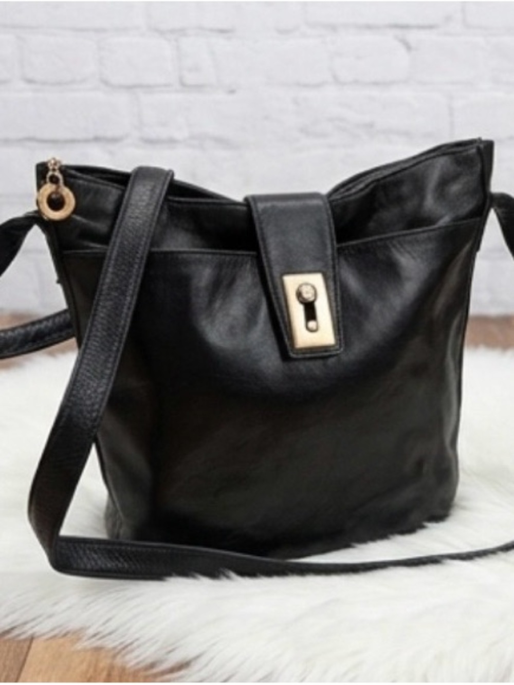 Perlina Black Leather Shoulder Bag with Gold Hardware